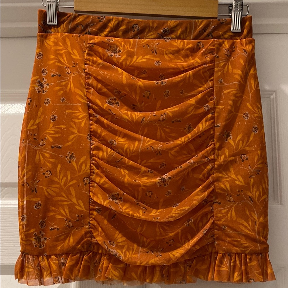 Free People Orange Ruffled Mini Pencil Skirt